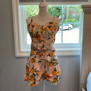 Carlo orange print belted pleated shorts and crop top